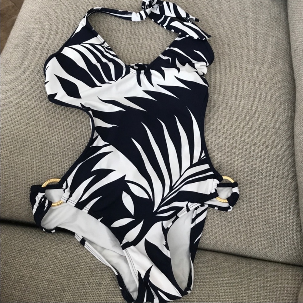 Lauren Ralph Lauren Black and White Palm-Print One-Piece Swimsuit